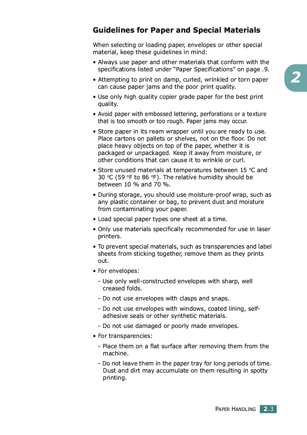 Samsung SF-755P manual Guidelines for Paper and Special Materials 