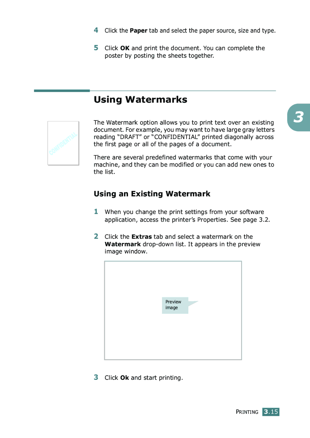 Samsung SF-755P manual Using Watermarks, Using an Existing Watermark, Click Ok and start printing 