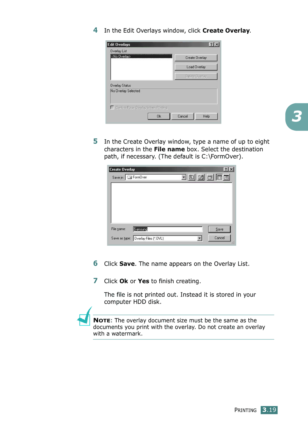 Samsung SF-755P manual Edit Overlays window, click Create Overlay 