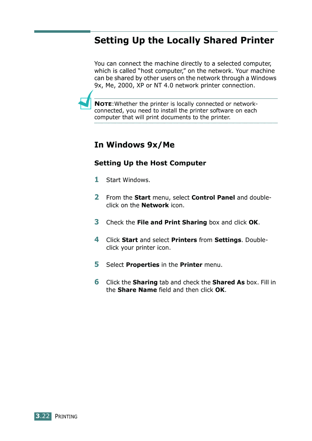 Samsung SF-755P manual Setting Up the Locally Shared Printer, Windows 9x/Me, Setting Up the Host Computer 