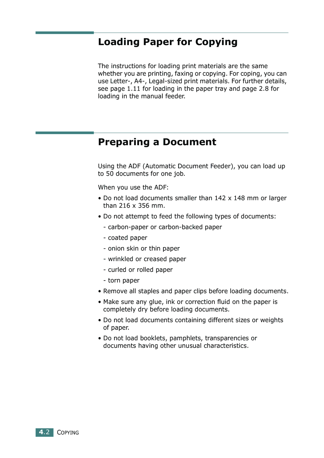 Samsung SF-755P manual Loading Paper for Copying, Preparing a Document 