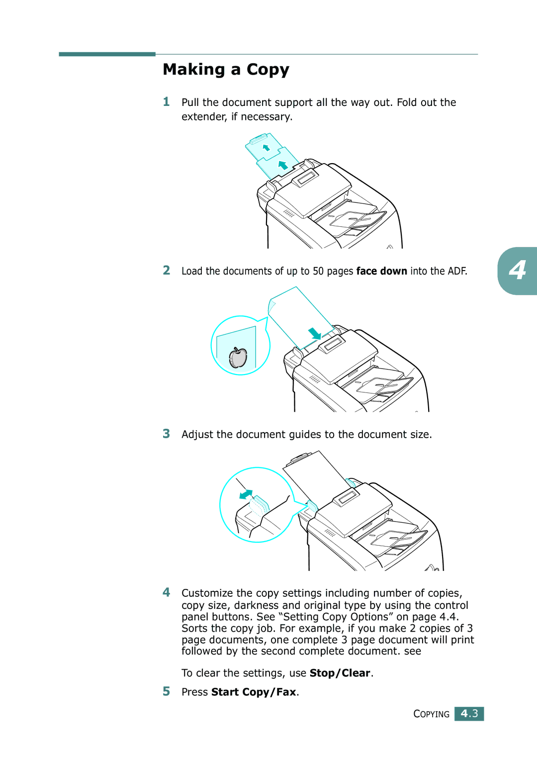 Samsung SF-755P manual Making a Copy, Adjust the document guides to the document size, Press Start Copy/Fax 