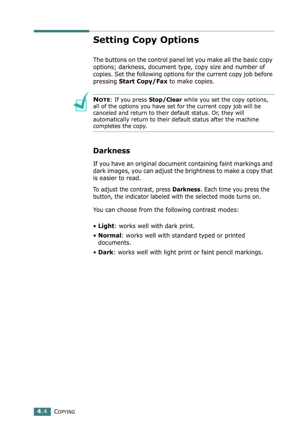 Samsung SF-755P manual Setting Copy Options, Darkness 