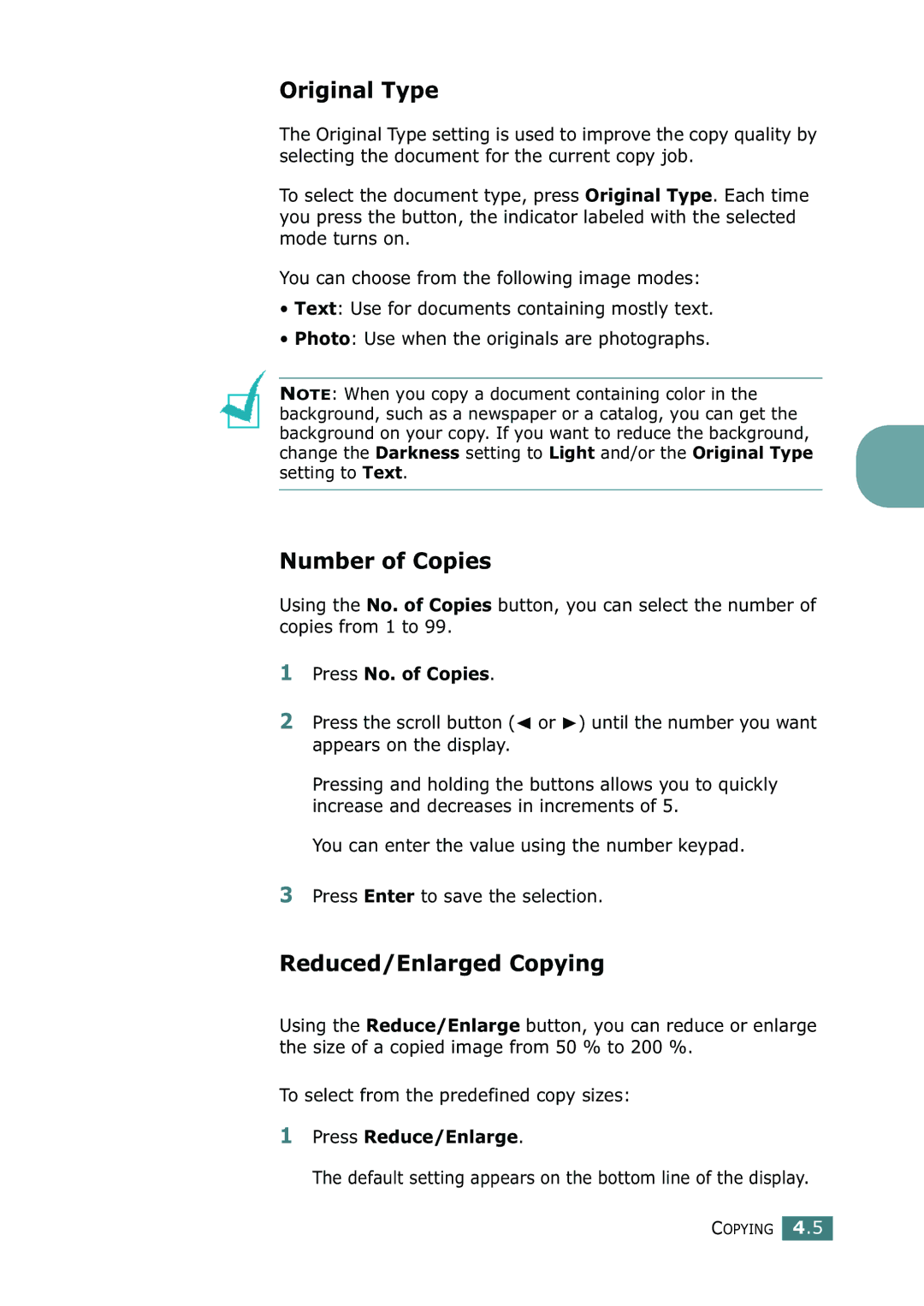 Samsung SF-755P manual Original Type, Number of Copies, Reduced/Enlarged Copying, Press No. of Copies, Press Reduce/Enlarge 