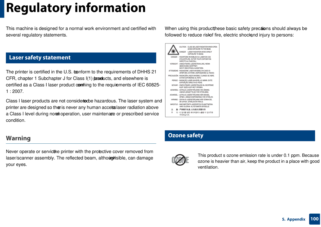 Samsung SF-76xP Series manual Regulatory information, Laser safety statement, Ozone safety 