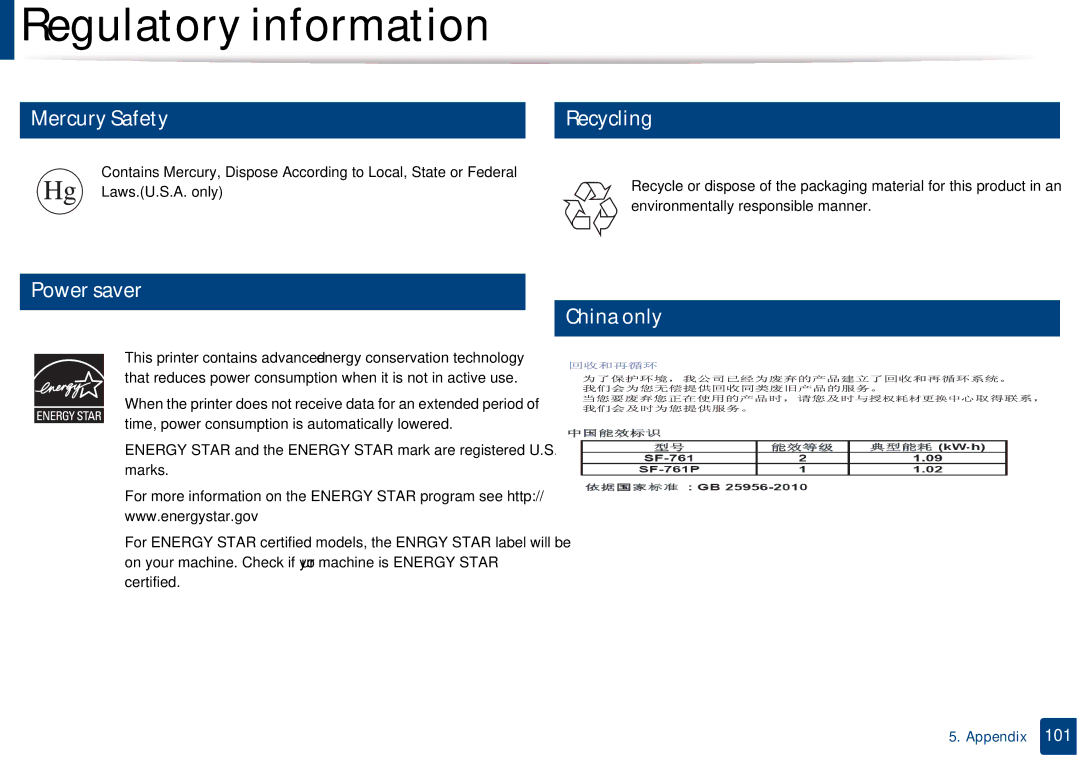 Samsung SF-76xP Series manual Mercury Safety, Recycling, Power saver China only 