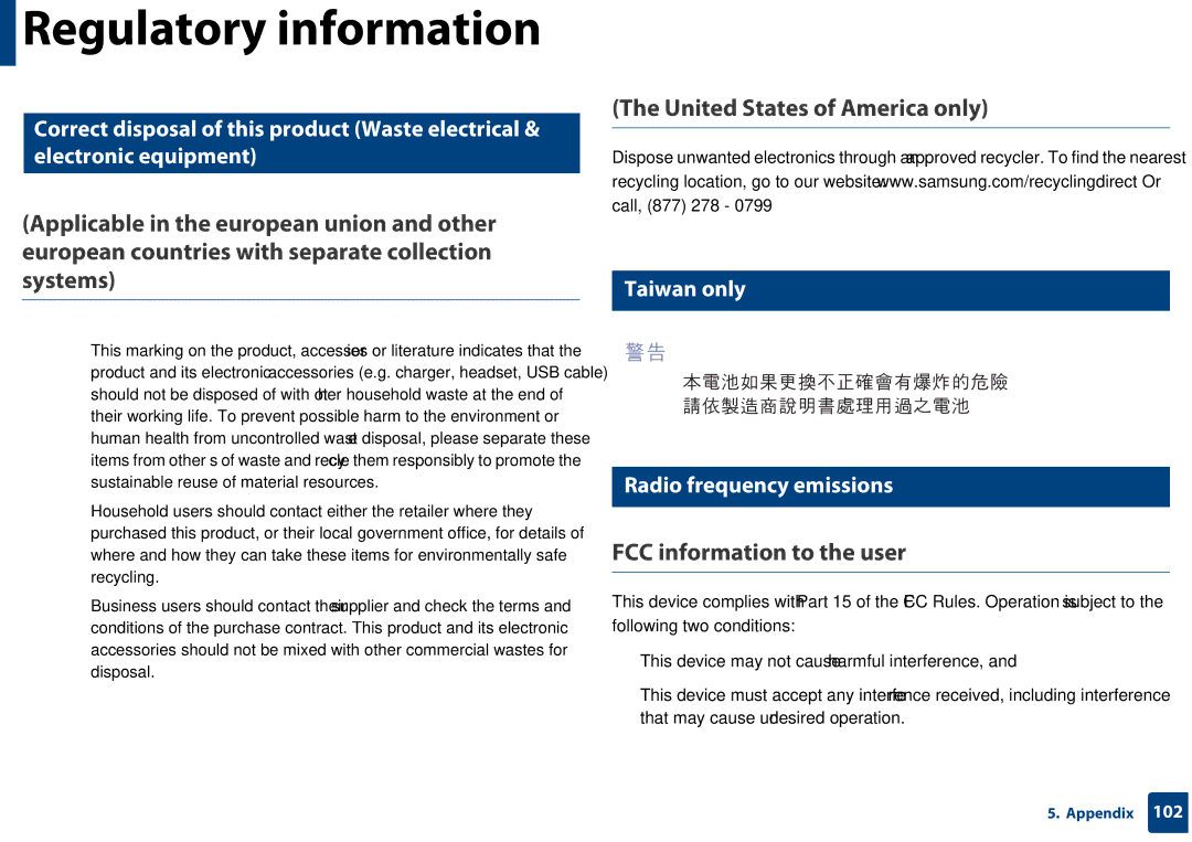 Samsung SF-76xP Series United States of America only, FCC information to the user, Taiwan only Radio frequency emissions 