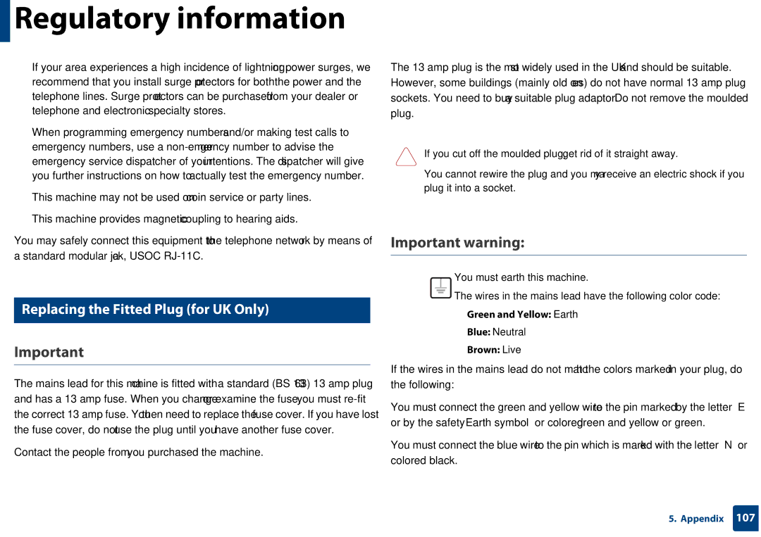 Samsung SF-76xP Series manual Important warning, Replacing the Fitted Plug for UK Only, Green and Yellow Earth, Brown Live 