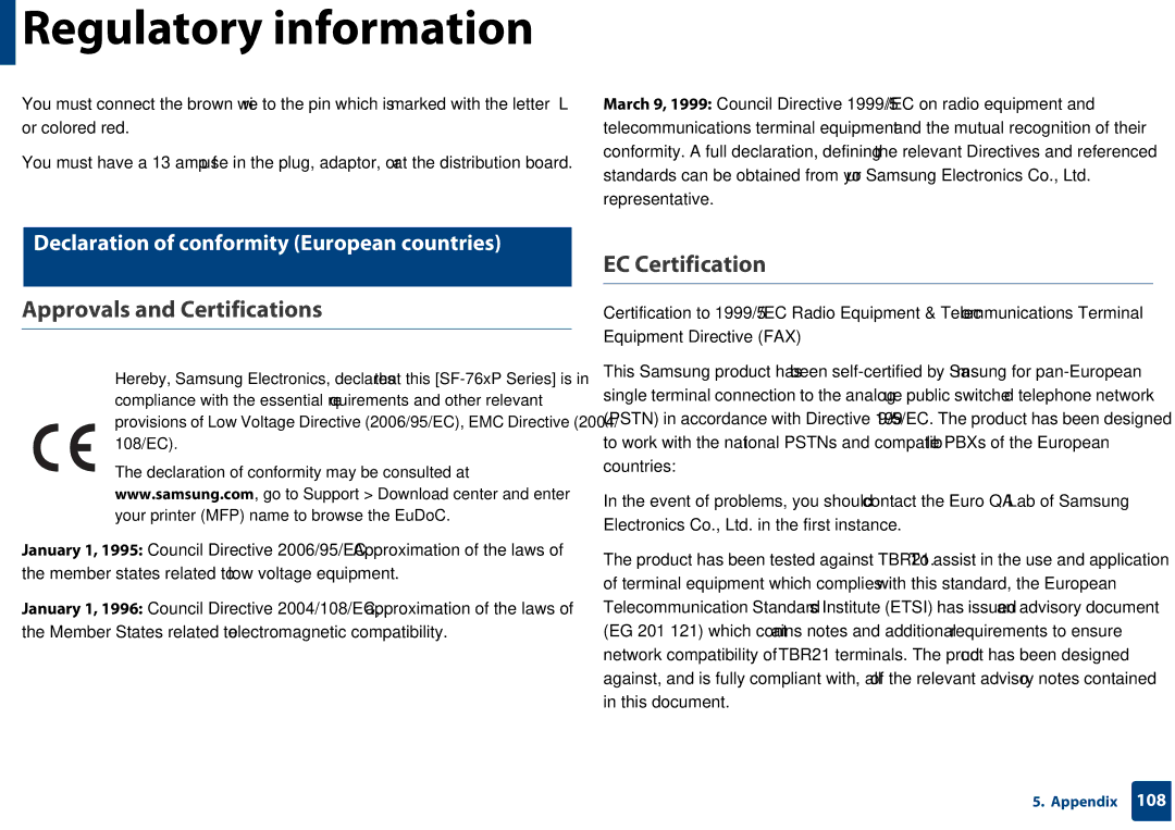 Samsung SF-76xP Series manual Approvals and Certifications, EC Certification, Declaration of conformity European countries 