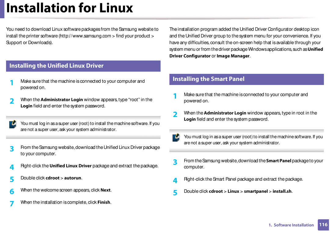 Samsung SF-76xP Series manual Installation for Linux, Installing the Unified Linux Driver, Installing the Smart Panel 