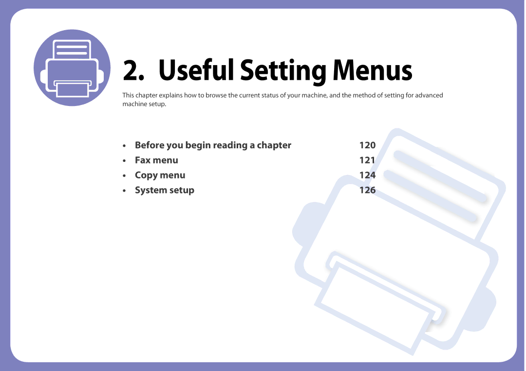 Samsung SF-76xP Series manual Useful Setting Menus 