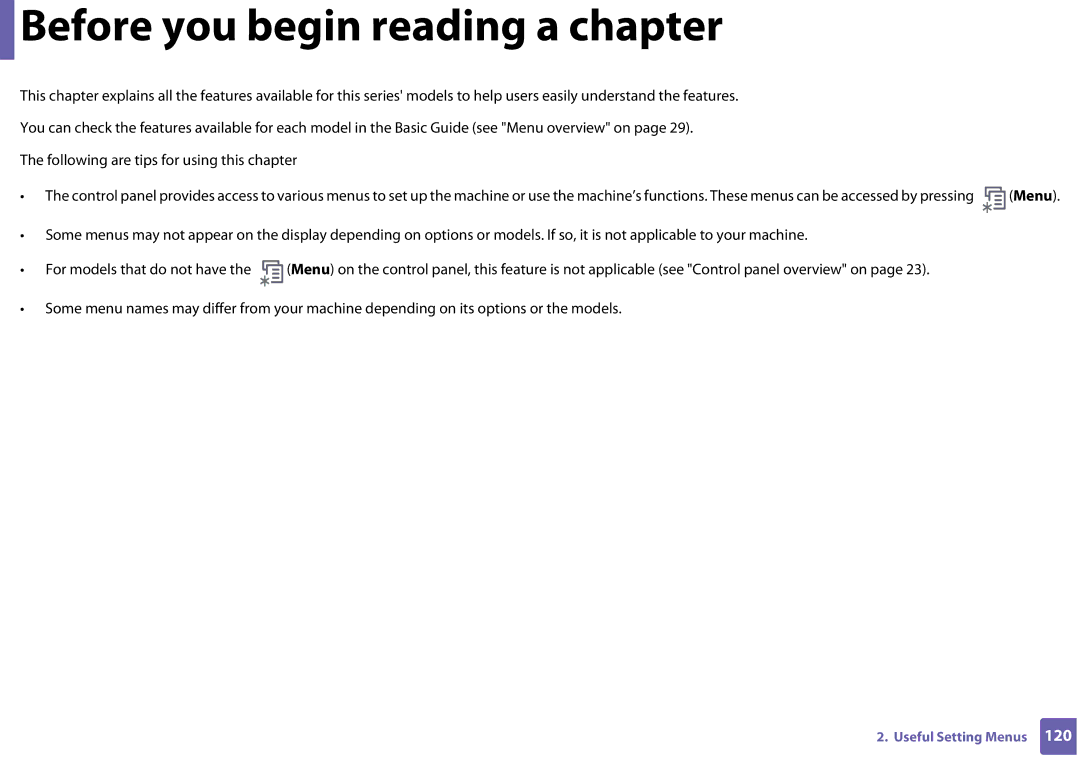 Samsung SF-76xP Series manual Before you begin reading a chapter 