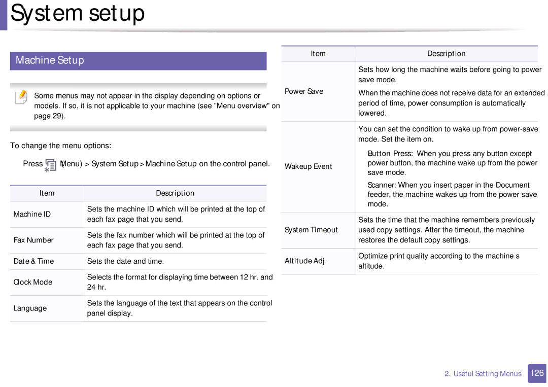 Samsung SF-76xP Series manual System setup, Machine Setup 