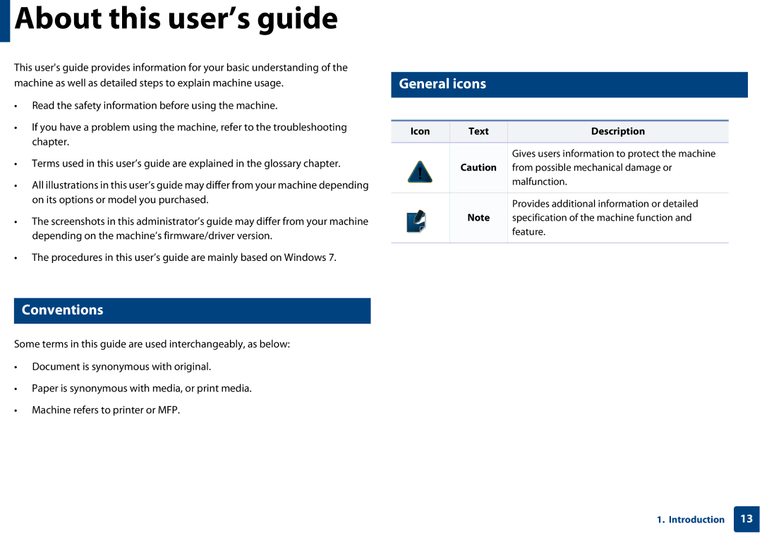 Samsung SF-76xP Series manual About this user’s guide, General icons, Conventions, Icon Text Description 