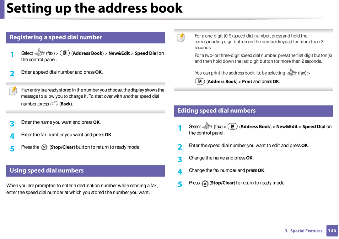 Samsung SF-76xP Series manual Setting up the address book, Registering a speed dial number, Using speed dial numbers 