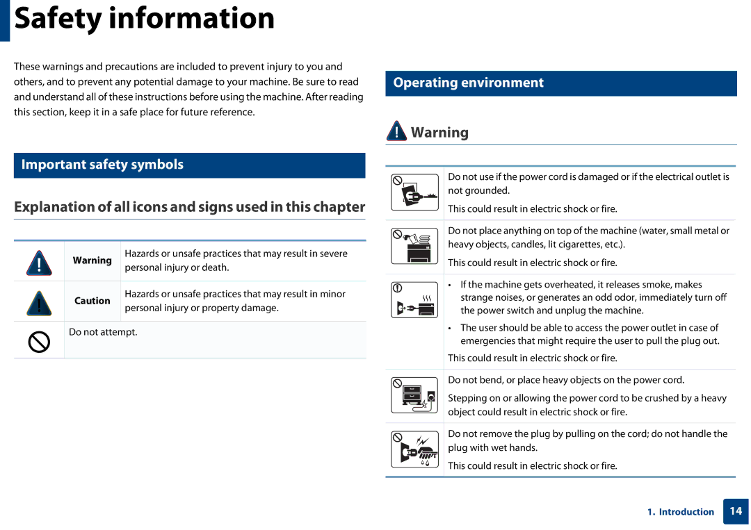 Samsung SF-76xP Series manual Safety information, Important safety symbols, Operating environment 