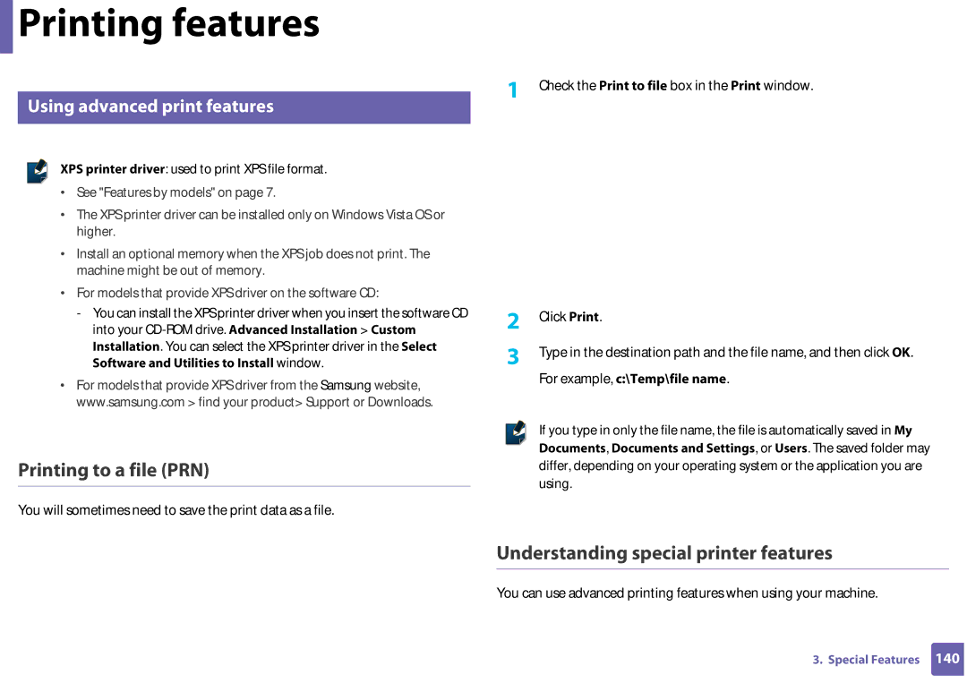 Samsung SF-76xP Series manual Printing to a file PRN, Understanding special printer features, Using advanced print features 