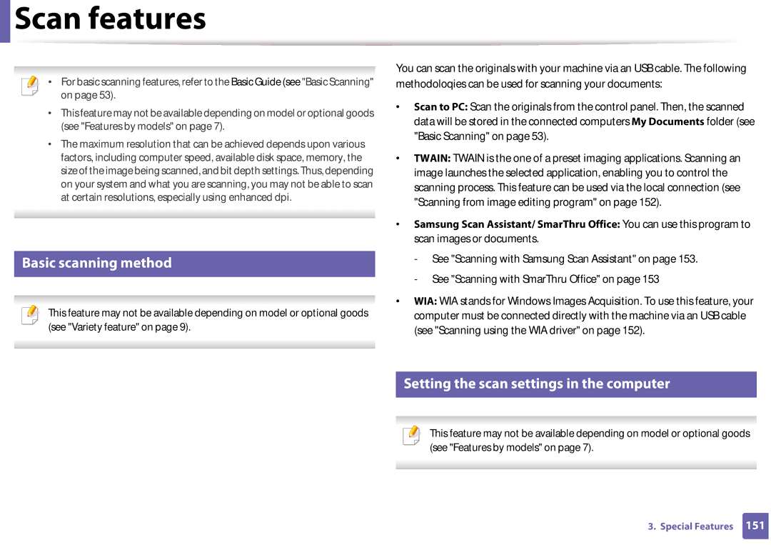 Samsung SF-76xP Series manual Scan features, Basic scanning method, Setting the scan settings in the computer 