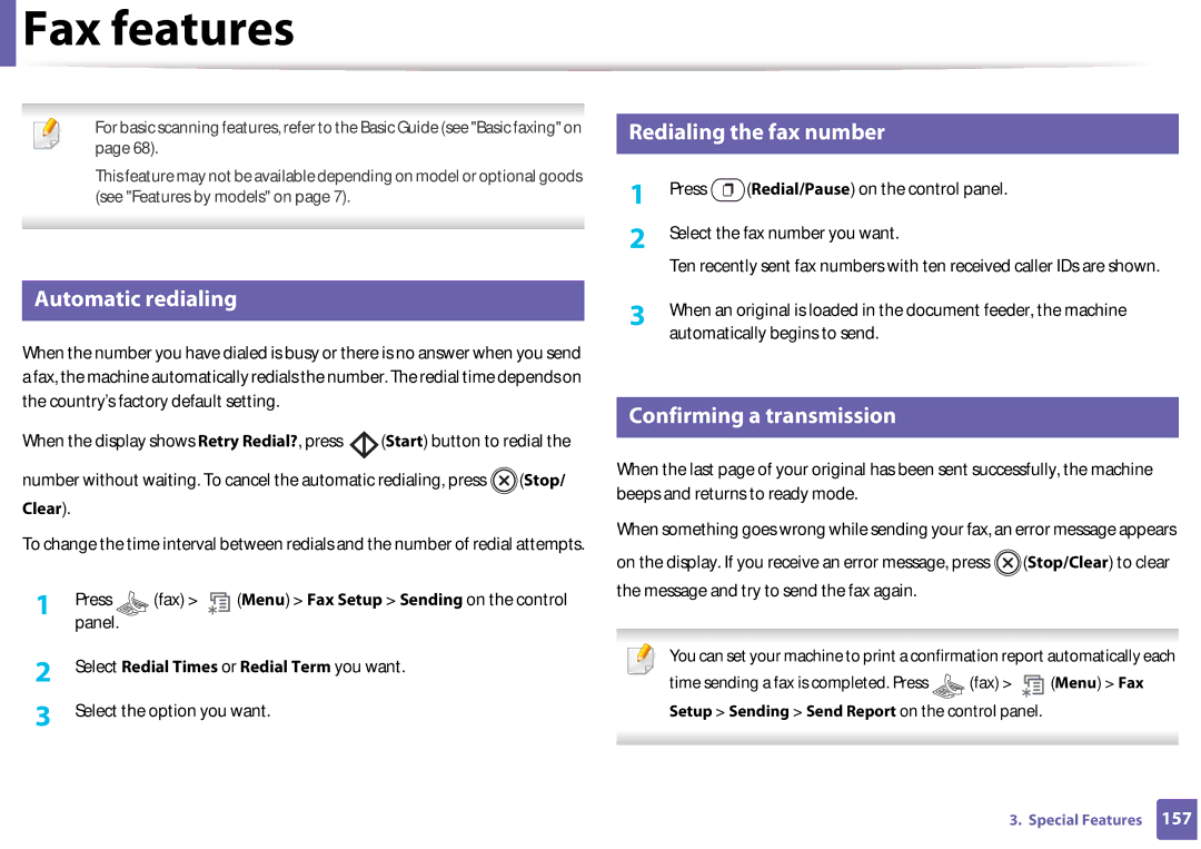 Samsung SF-76xP Series manual Fax features, Automatic redialing, Redialing the fax number, Confirming a transmission 