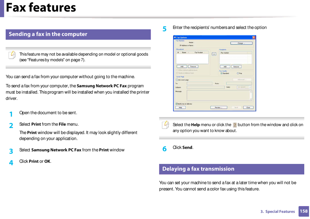 Samsung SF-76xP Series manual Sending a fax in the computer, Delaying a fax transmission 