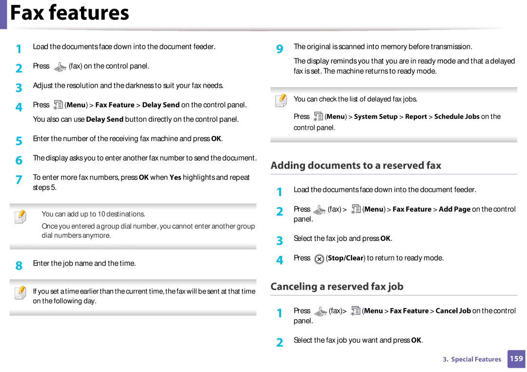 Samsung SF-76xP Series manual Adding documents to a reserved fax, Canceling a reserved fax job 