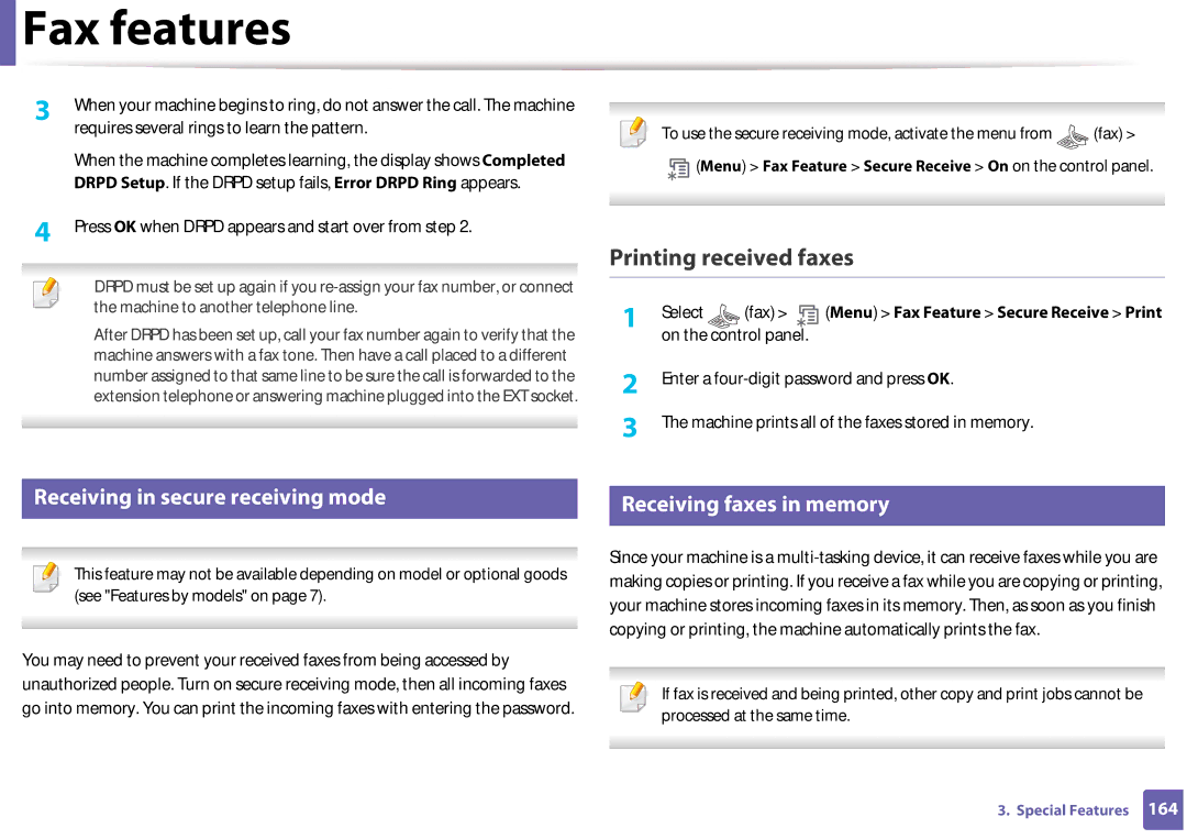 Samsung SF-76xP Series manual Printing received faxes, Receiving in secure receiving mode 