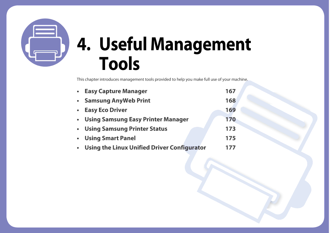 Samsung SF-76xP Series manual Useful Management Tools 