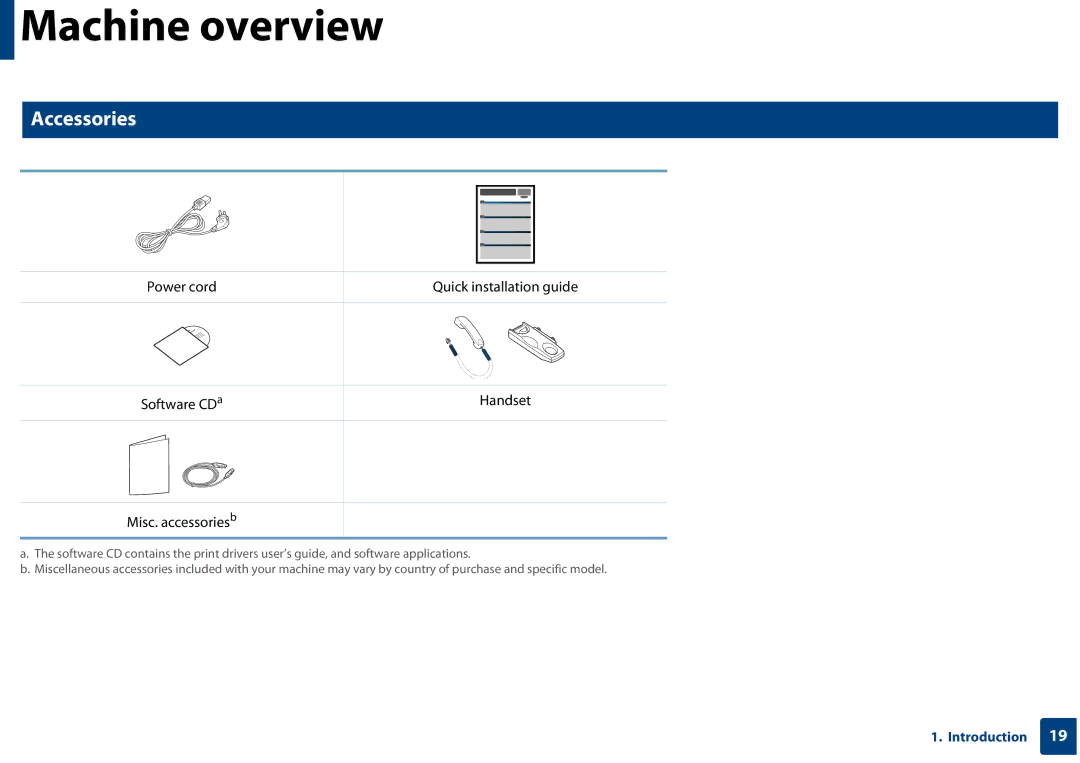 Samsung SF-76xP Series manual Machine overview, Accessories 