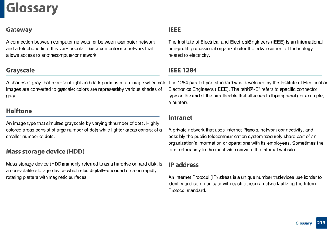 Samsung SF-76xP Series manual Gateway, Grayscale, Halftone, Mass storage device HDD, Ieee, Intranet, IP address 