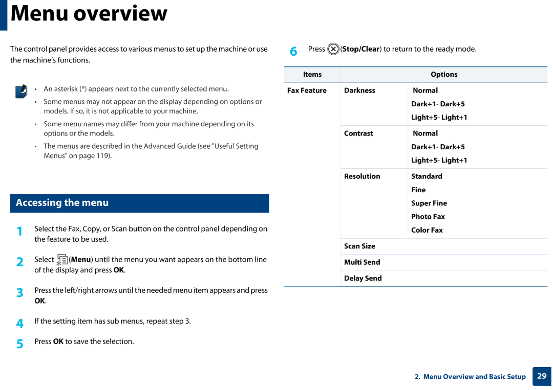 Samsung SF-76xP Series manual Menu overview, Accessing the menu 