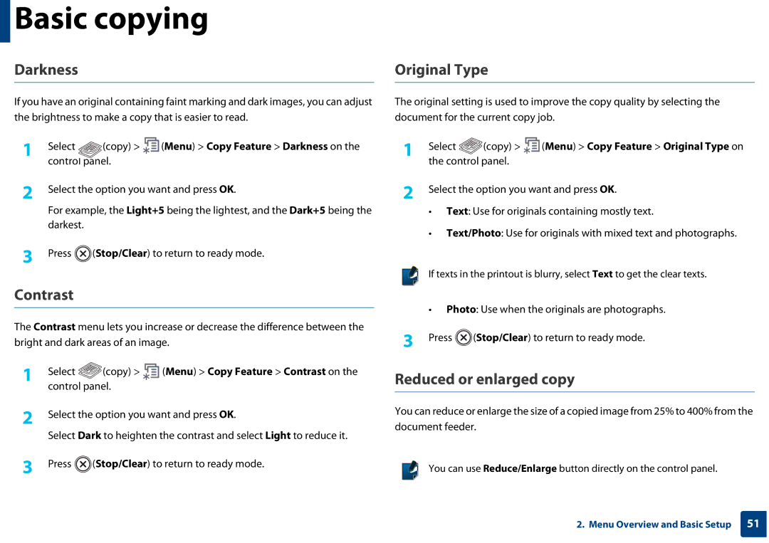 Samsung SF-76xP Series manual Darkness, Contrast, Original Type, Reduced or enlarged copy 