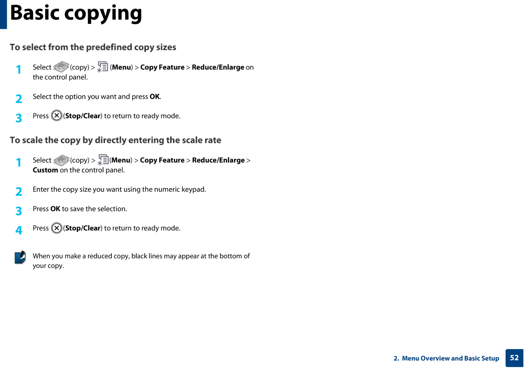 Samsung SF-76xP Series manual To select from the predefined copy sizes 