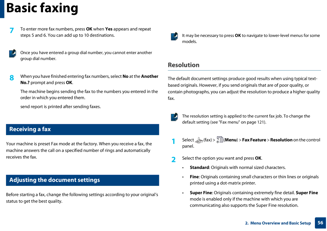 Samsung SF-76xP Series manual Resolution, Receiving a fax, Adjusting the document settings 