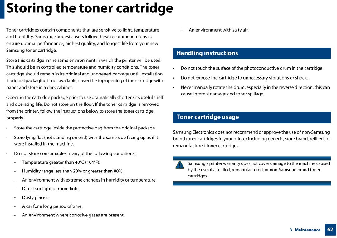 Samsung SF-76xP Series manual Storing the toner cartridge, Handling instructions, Toner cartridge usage 