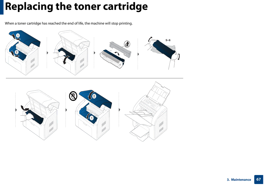 Samsung SF-76xP Series manual Replacing the toner cartridge 