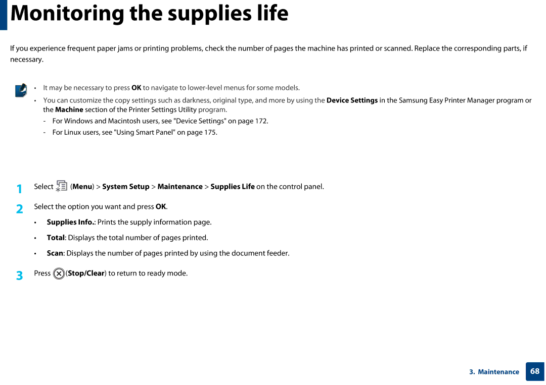 Samsung SF-76xP Series manual Monitoring the supplies life 