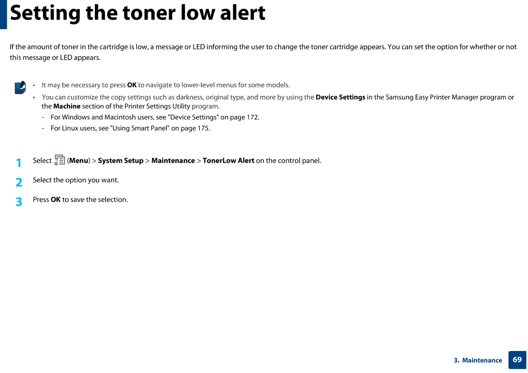 Samsung SF-76xP Series manual Setting the toner low alert 