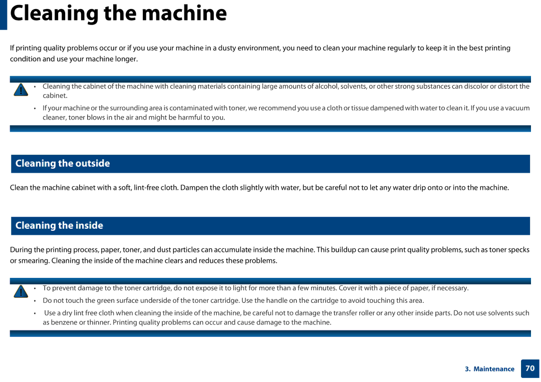 Samsung SF-76xP Series manual Cleaning the machine, Cleaning the outside, Cleaning the inside 