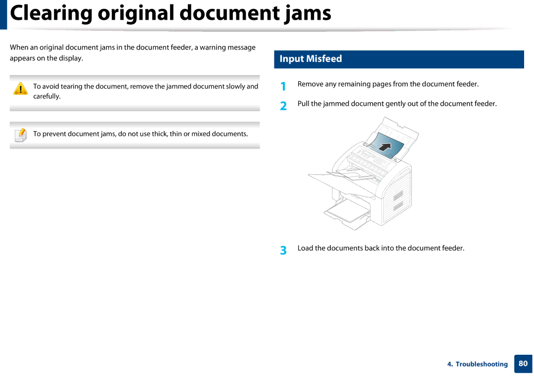 Samsung SF-76xP Series manual Clearing original document jams, Input Misfeed 