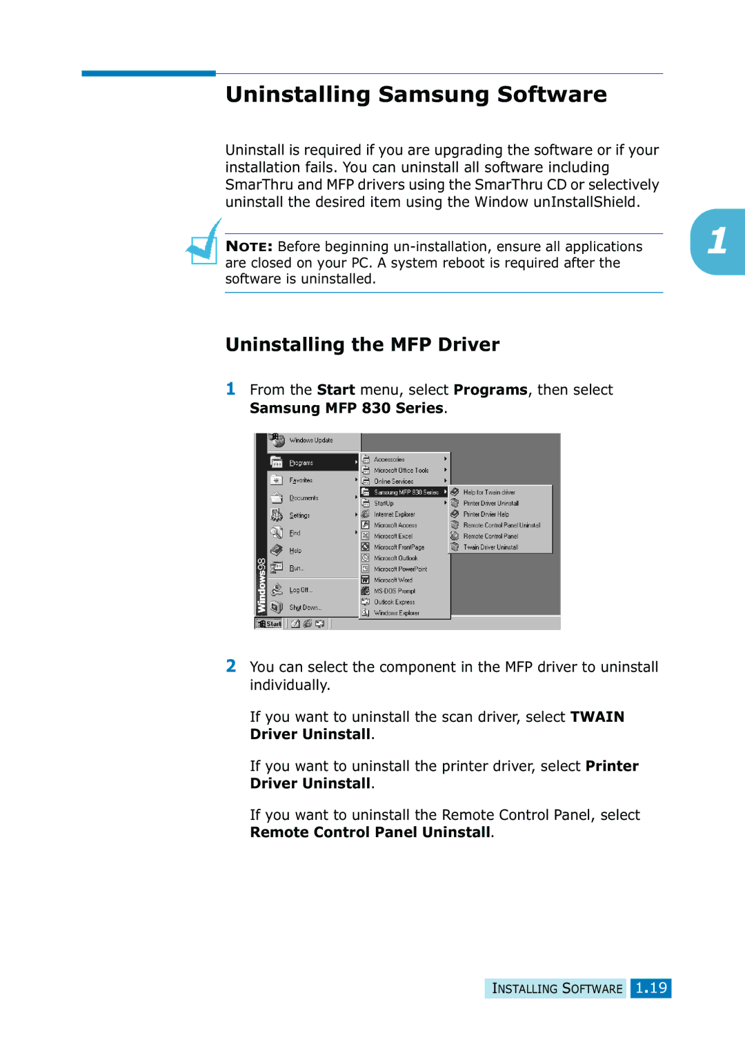 Samsung SF-835P manual Uninstalling Samsung Software, Uninstalling the MFP Driver 