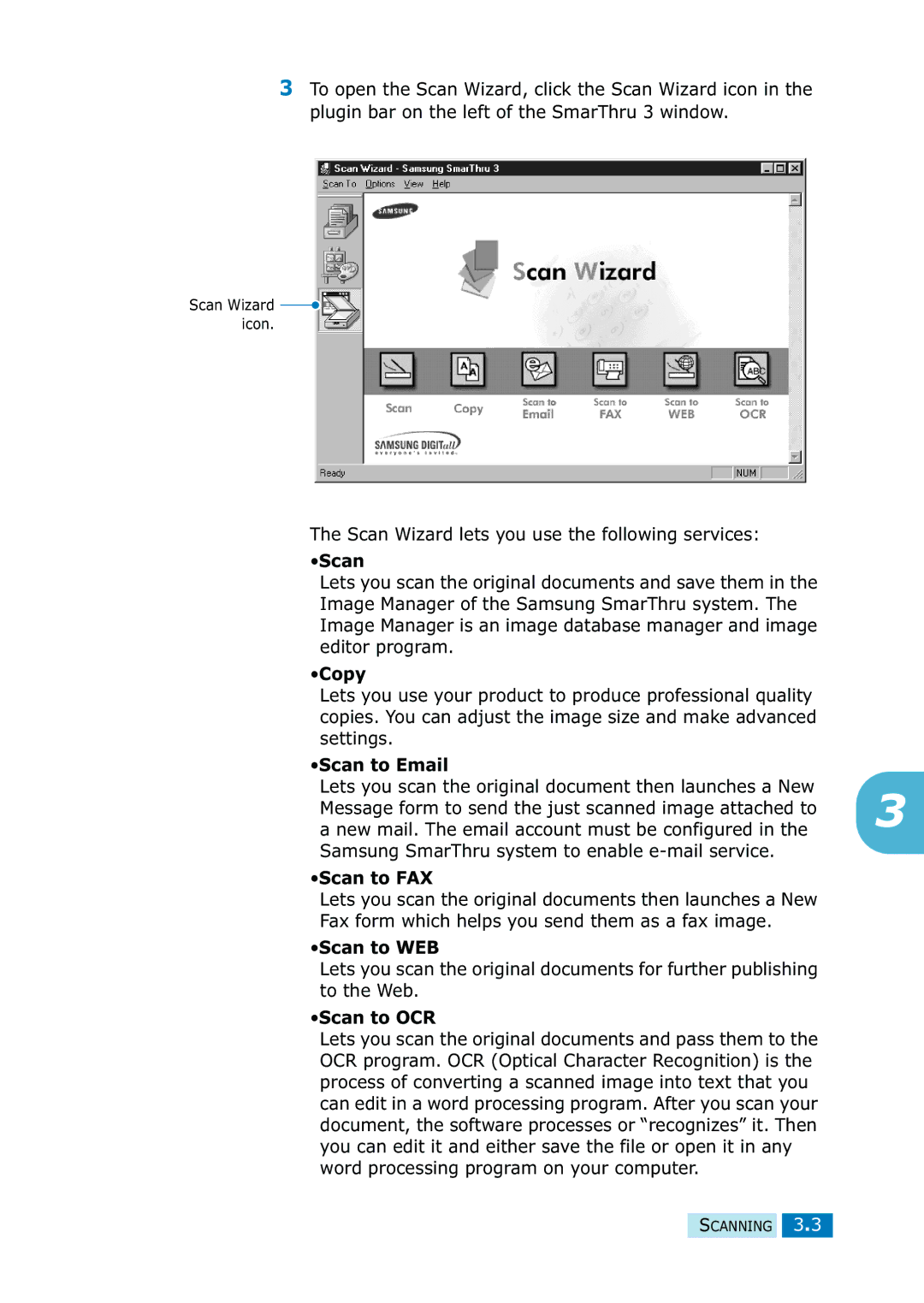 Samsung SF-835P manual Copy, Scan to Email, Scan to FAX, Scan to WEB, Scan to OCR 