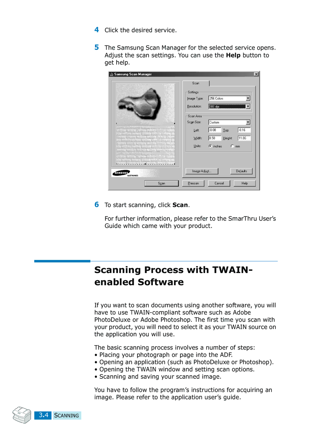 Samsung SF-835P manual Scanning Process with Twain Enabled Software 