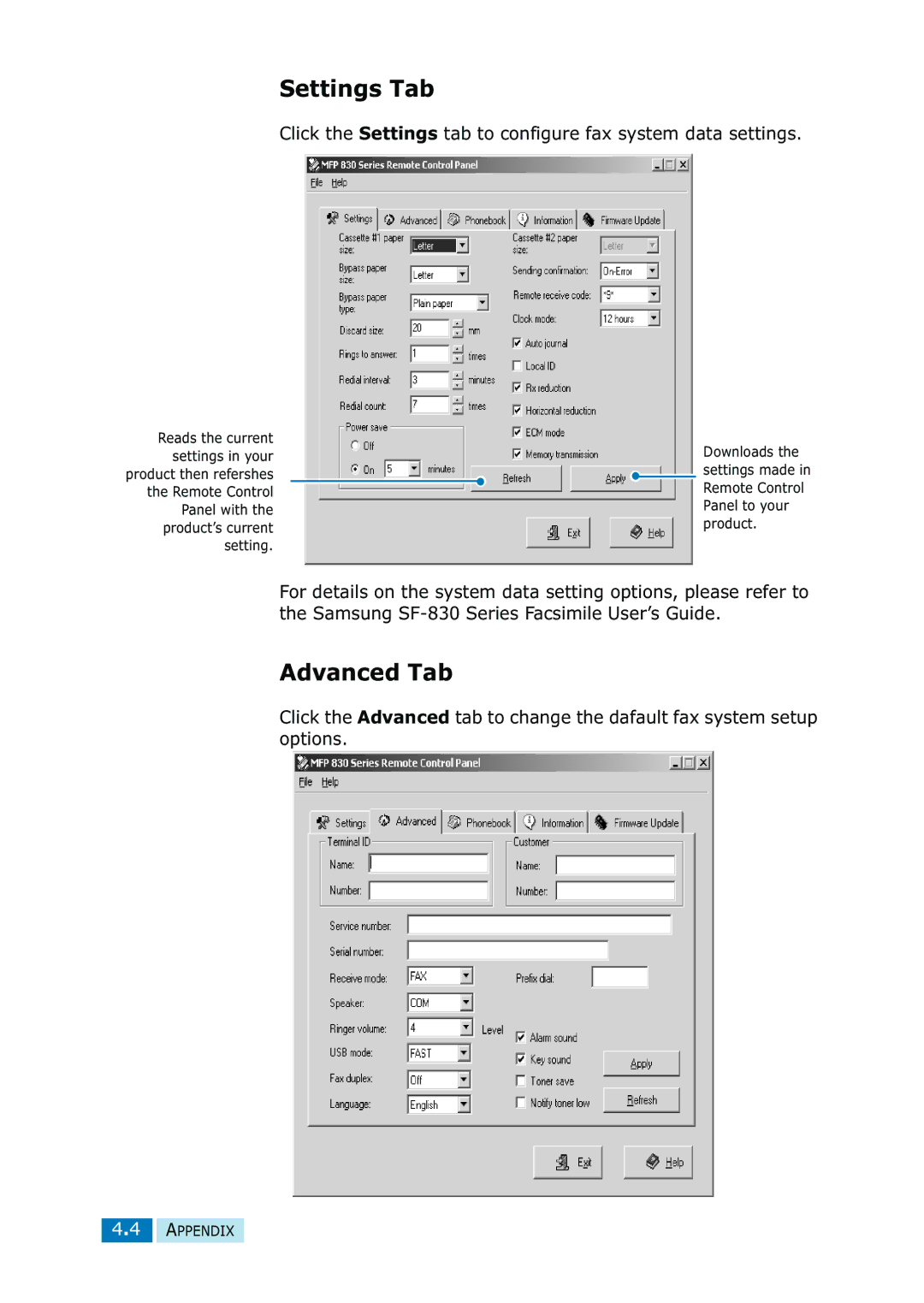 Samsung SF-835P manual Settings Tab, Advanced Tab 