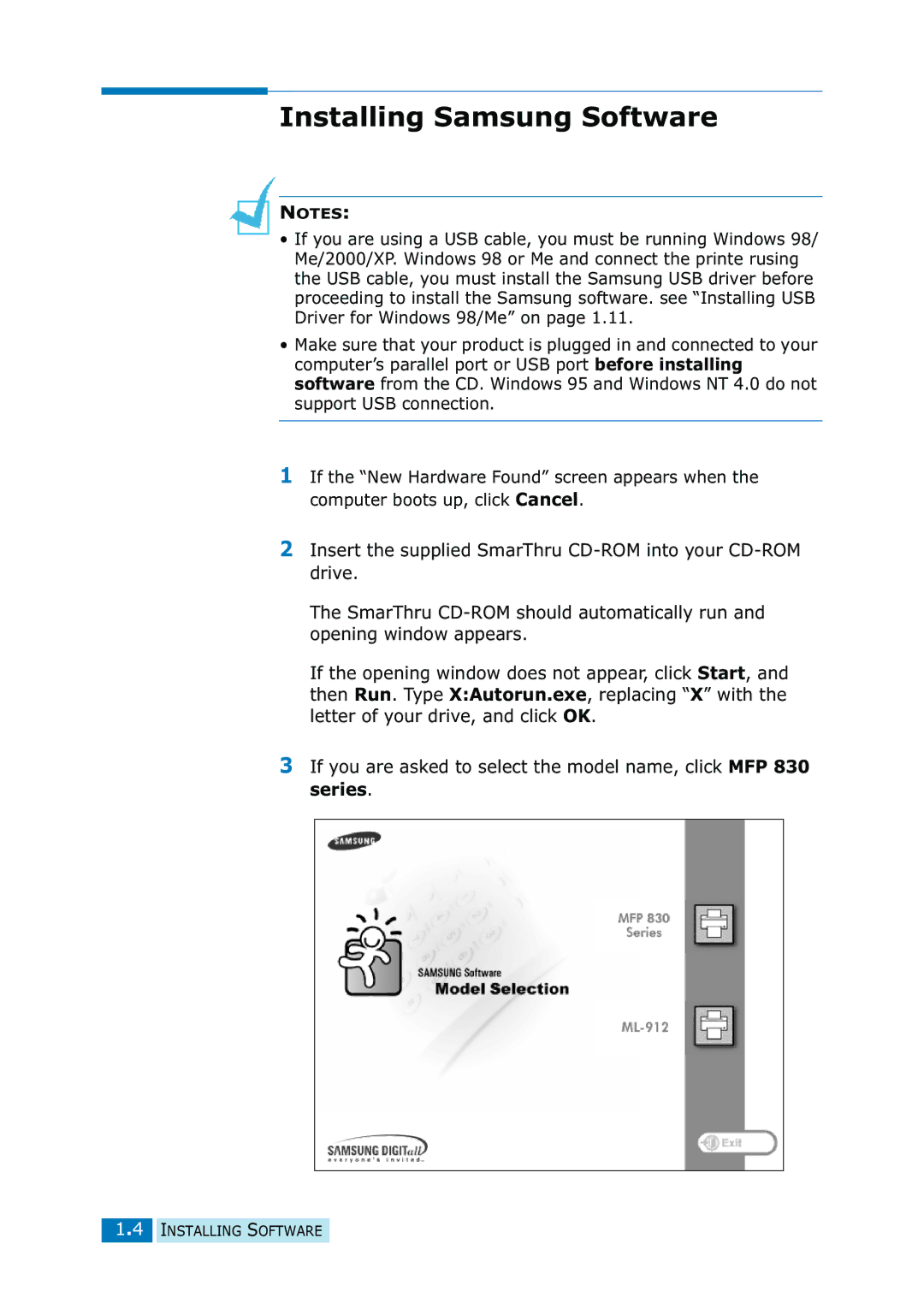 Samsung SF-835P manual Installing Samsung Software 