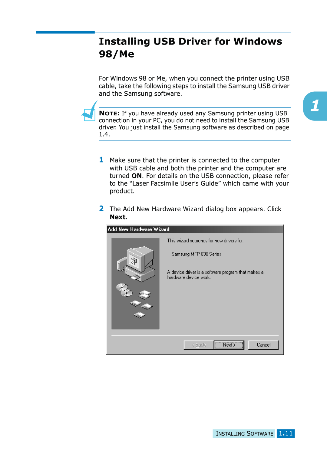 Samsung SF-835P manual Installing USB Driver for Windows 98/Me 
