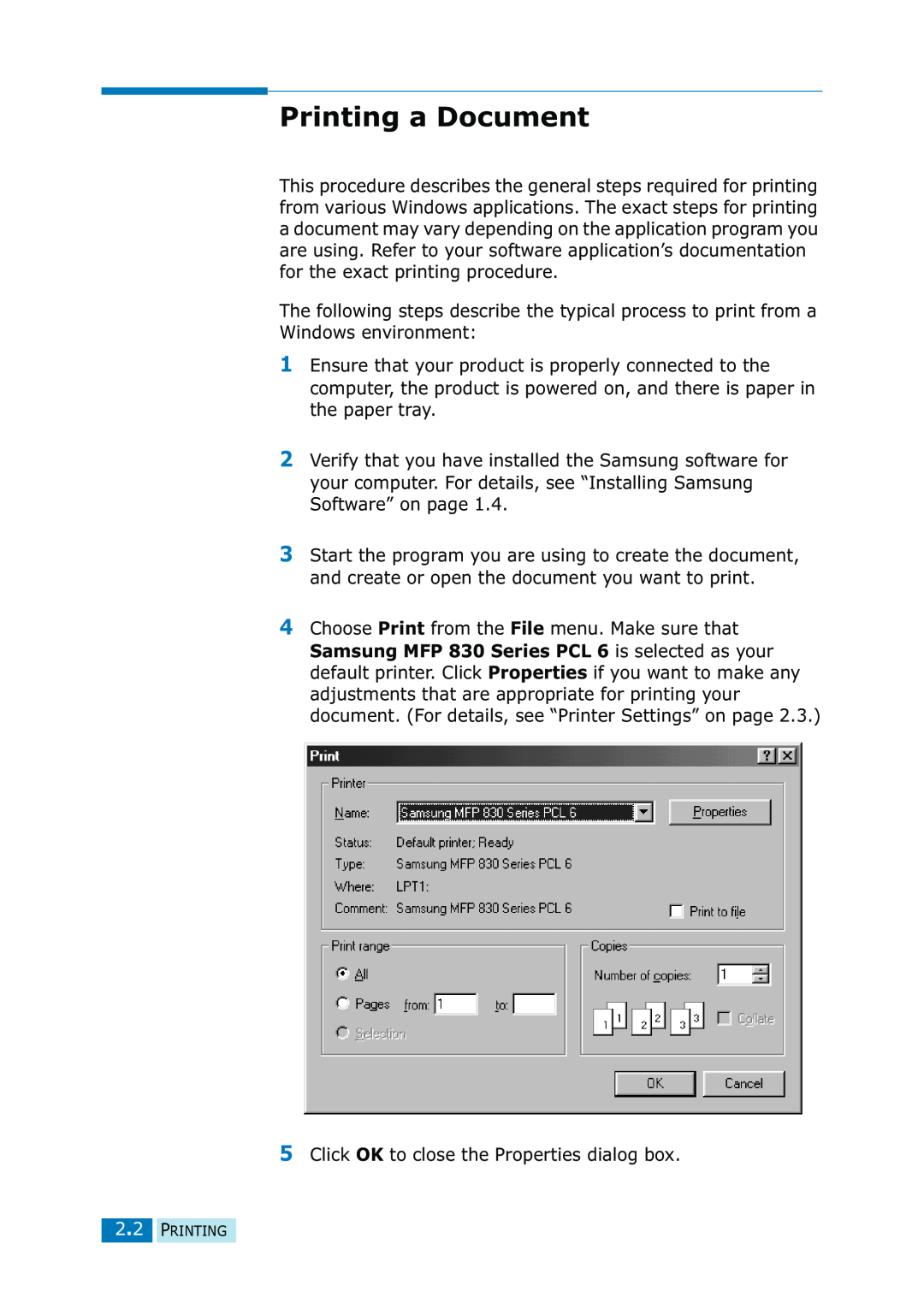 Samsung SF-835P manual Printing a Document 
