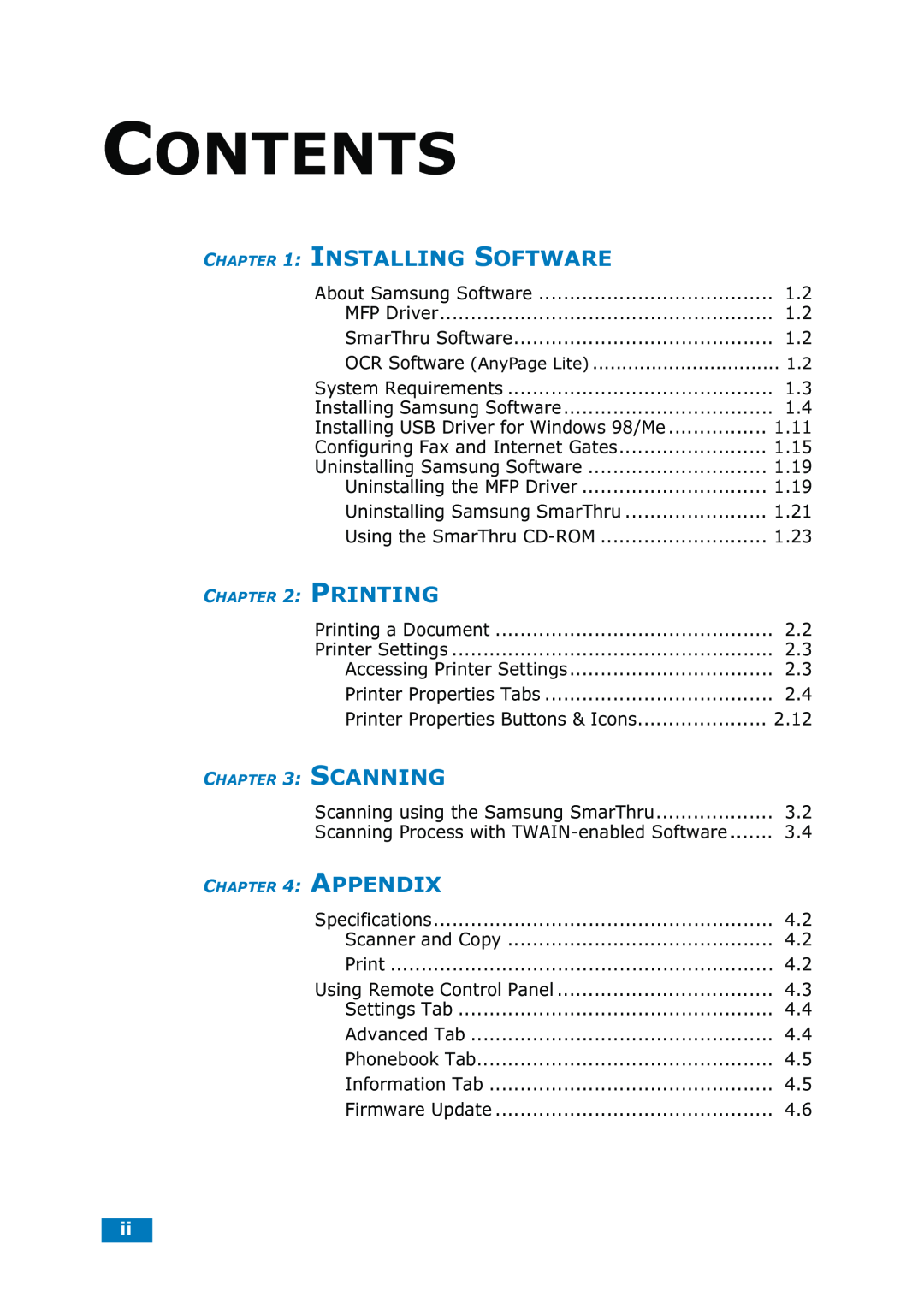 Samsung SF-835P manual Contents, Installing Software 