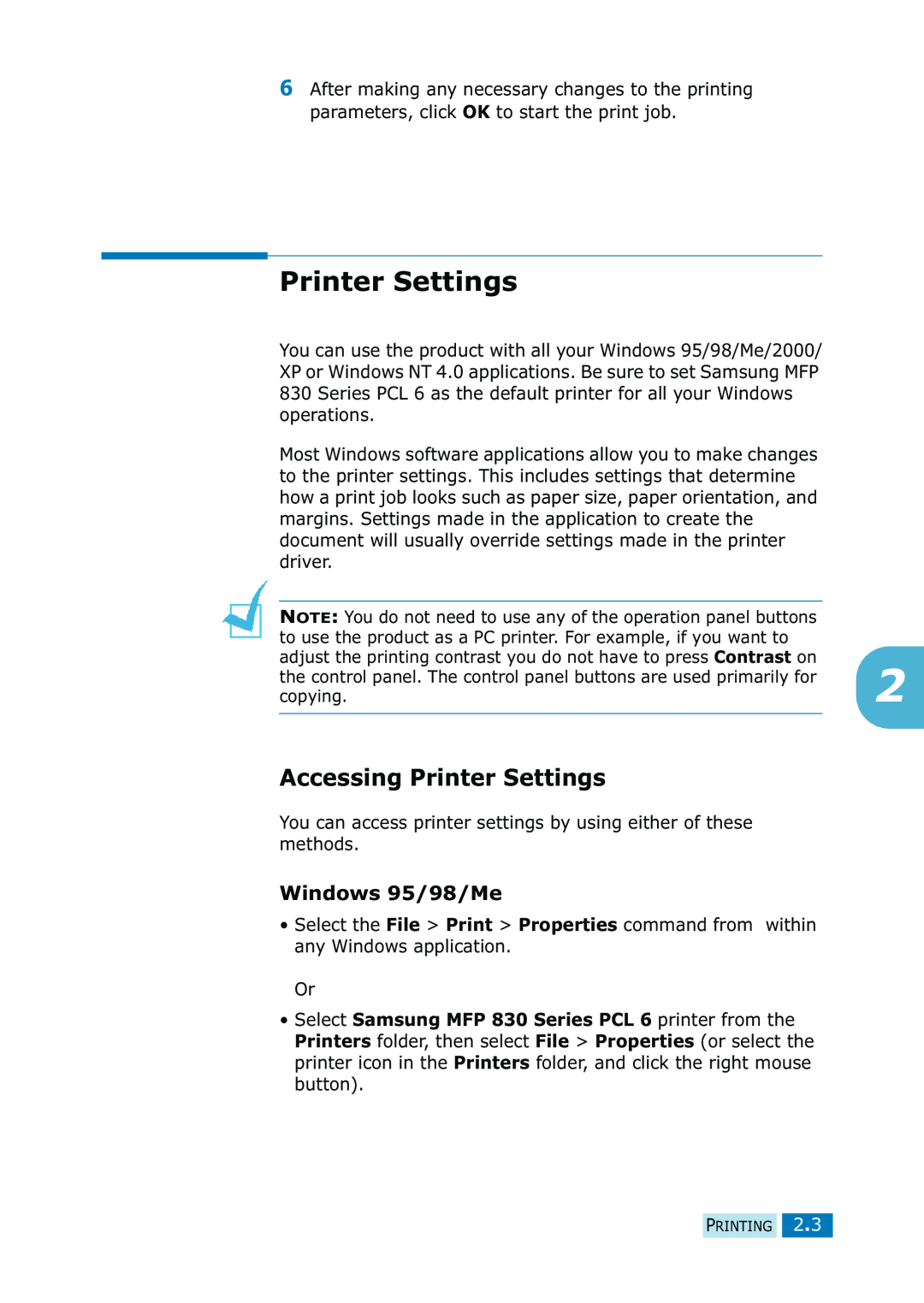 Samsung SF-835P manual Accessing Printer Settings, Windows 95/98/Me 