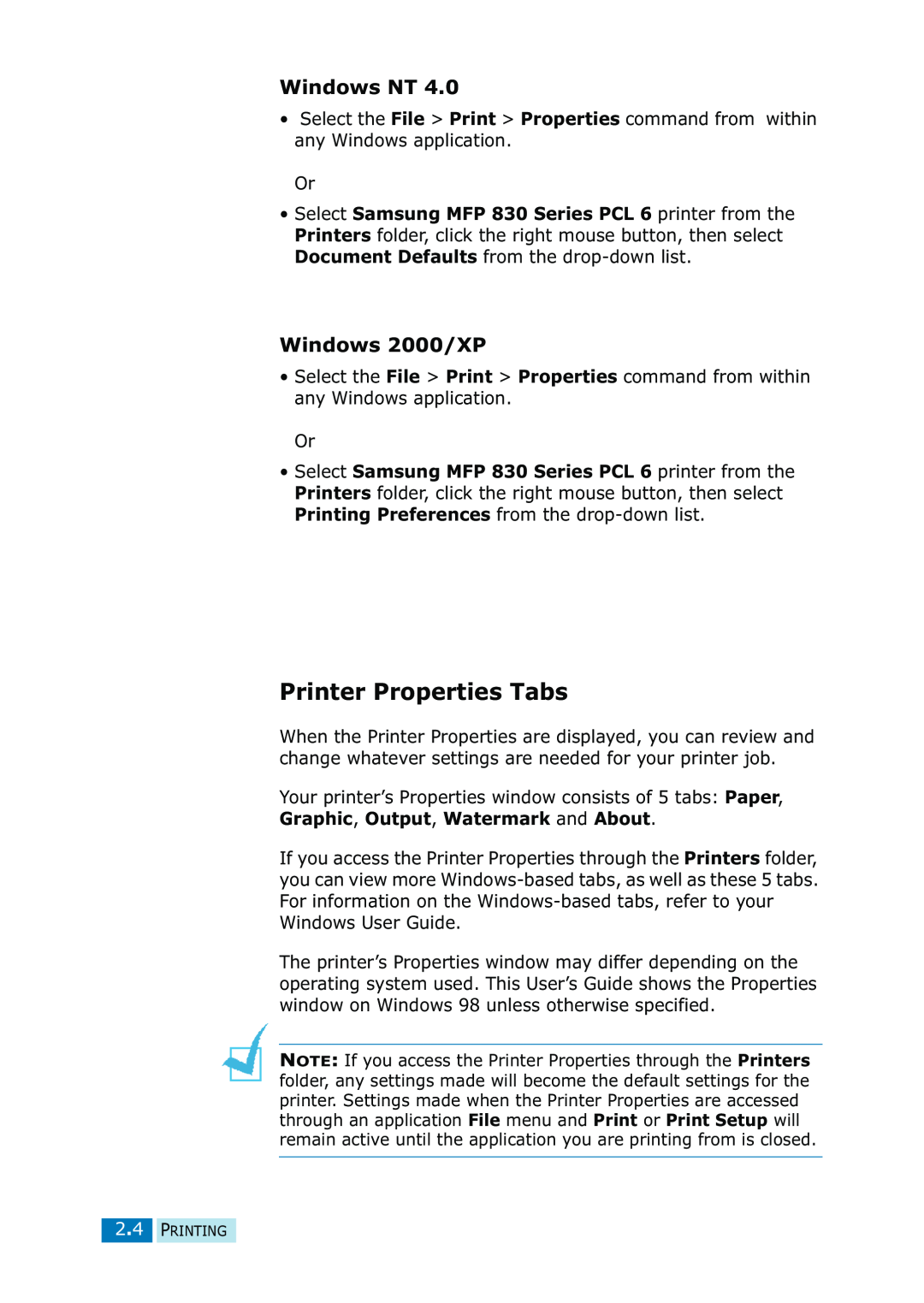 Samsung SF-835P manual Printer Properties Tabs, Windows NT, Windows 2000/XP 