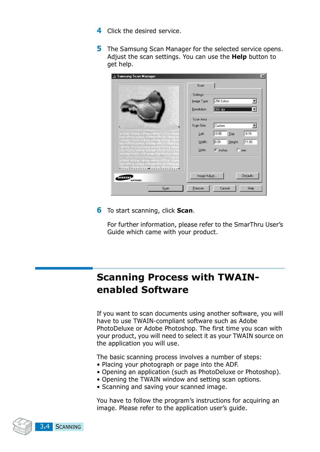 Samsung SF-835P manual Scanning Process with TWAIN enabled Software 